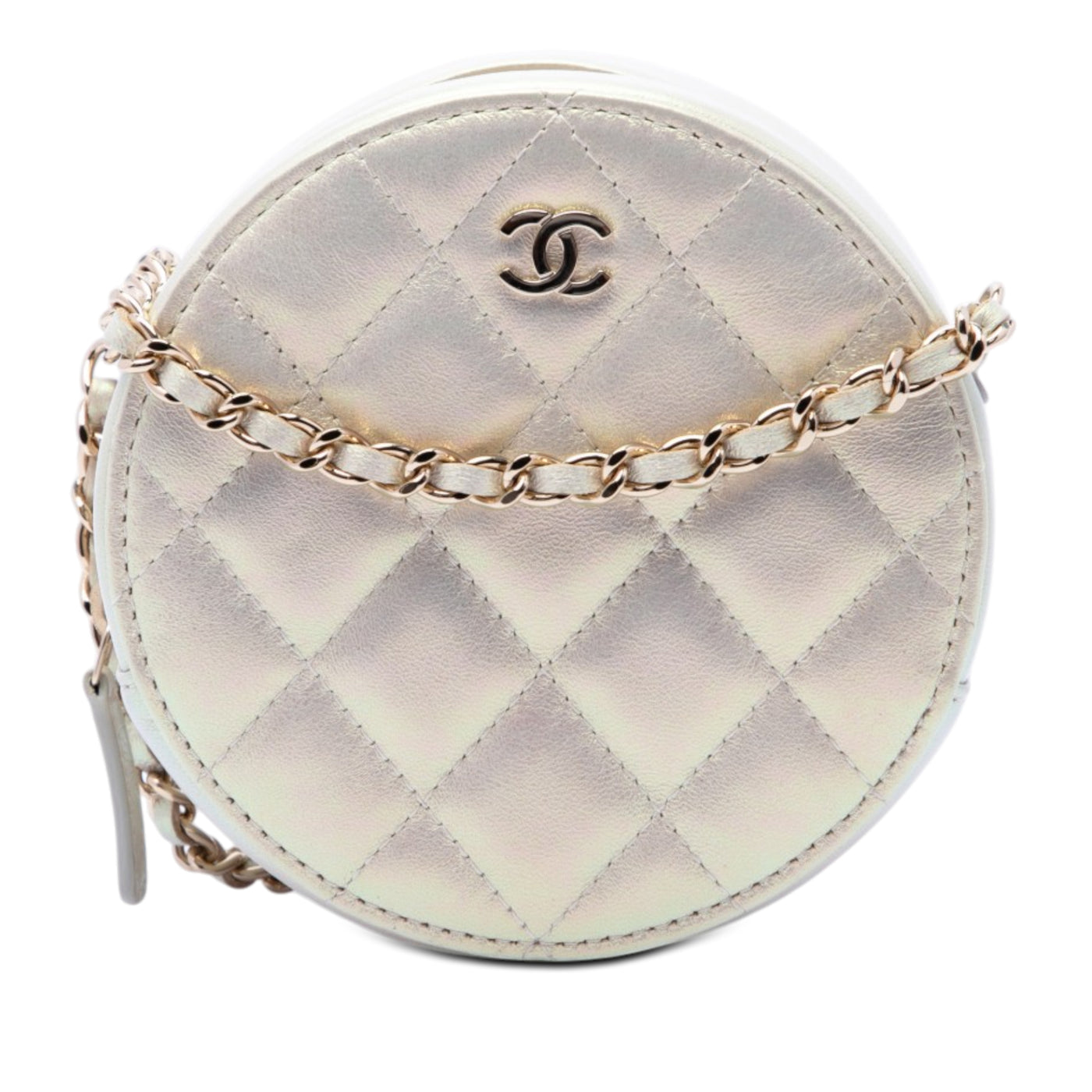 CC Quilted Iridescent Lambskin Round Clutch With Chain - Image 1
