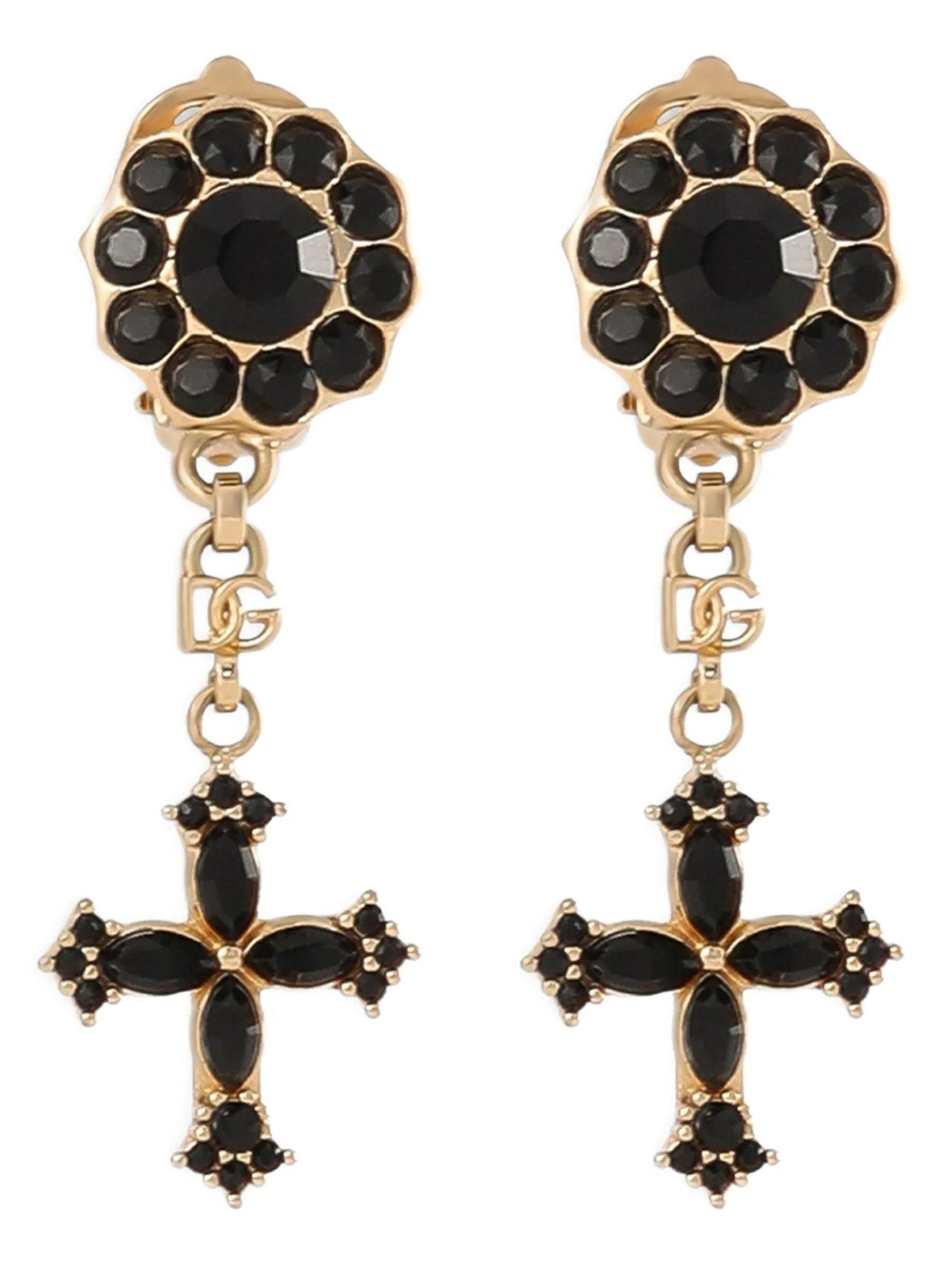 Dolce & Gabbana Black Crystal Cross Pendant Earrings —