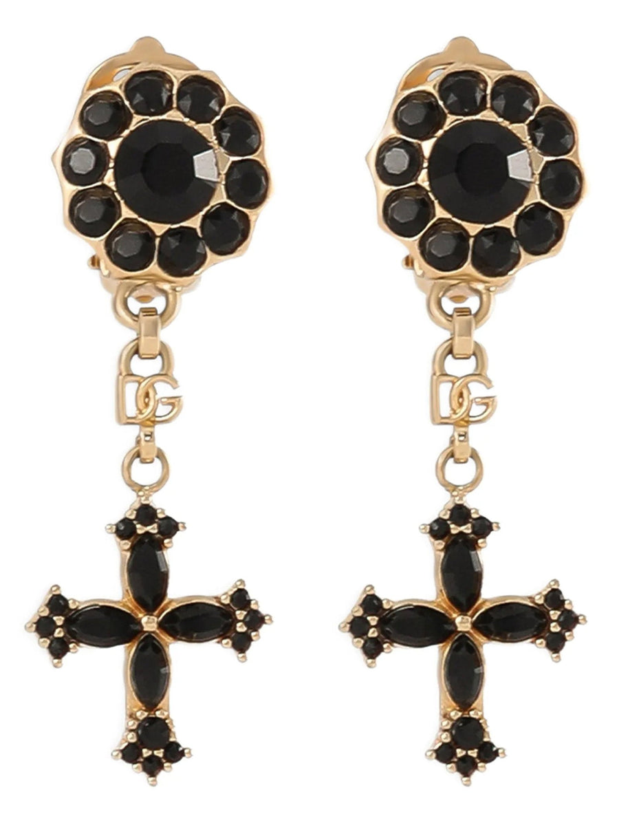 Dolce & Gabbana Black Crystal Cross Pendant Earrings —