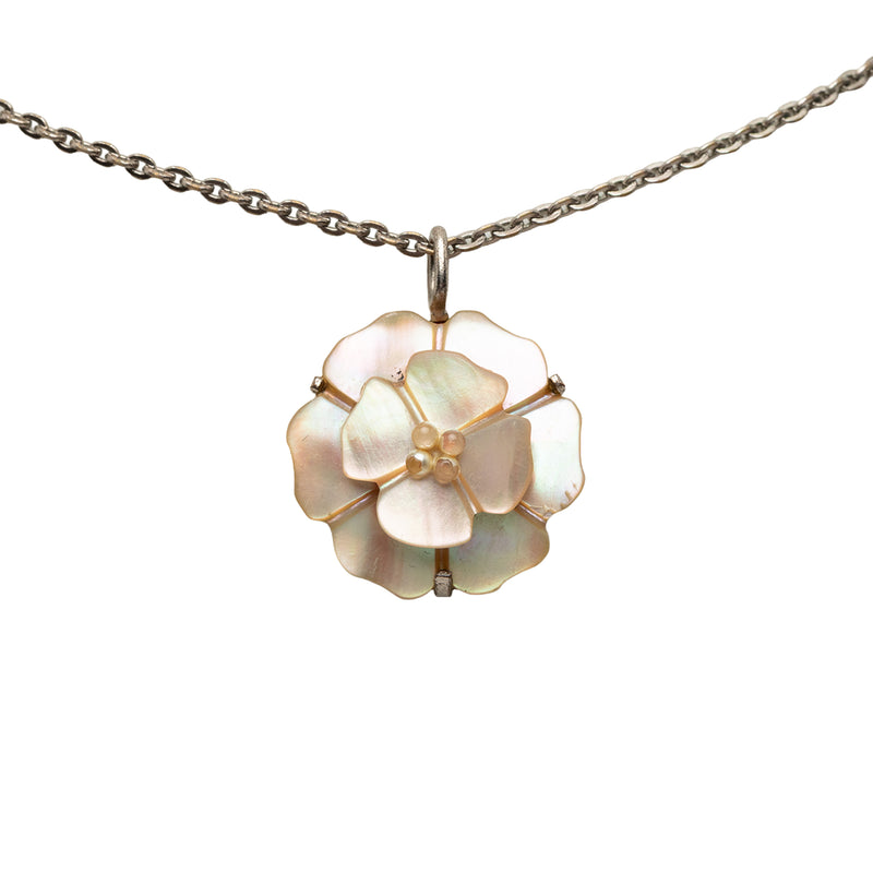 Brass and Mother of Pearl Camellia Pendant Necklace - Image 2