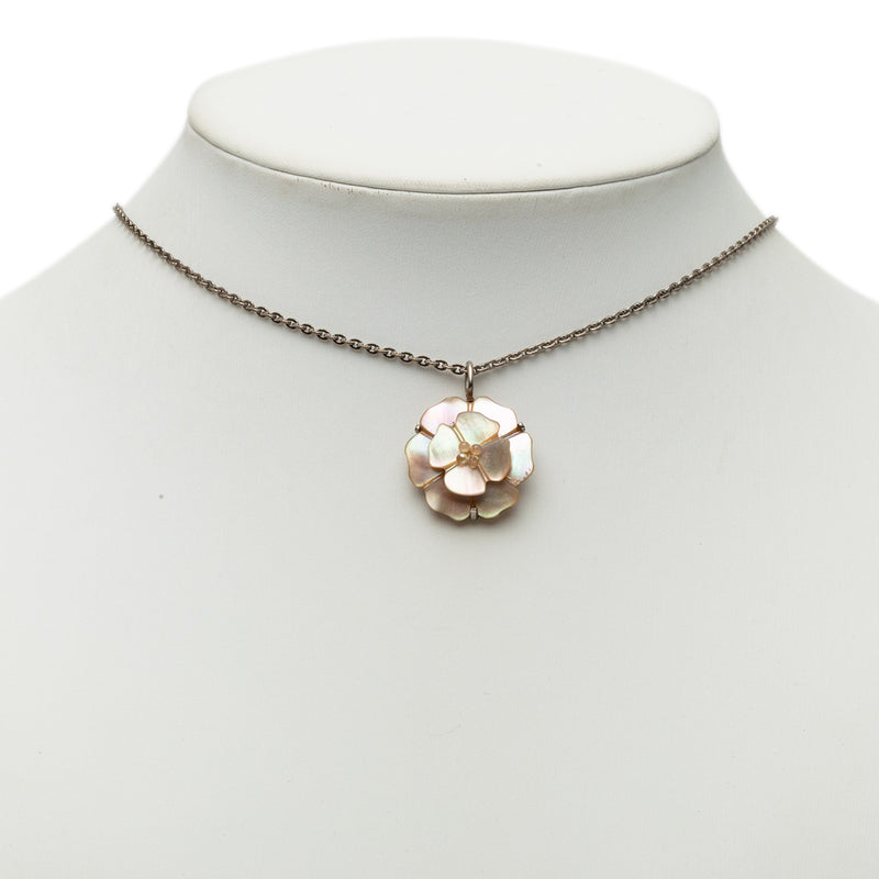 Brass and Mother of Pearl Camellia Pendant Necklace - Image 5