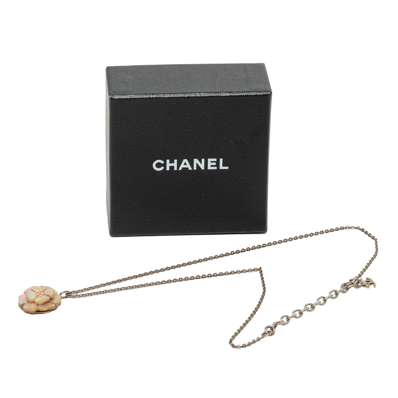 Brass and Mother of Pearl Camellia Pendant Necklace - Image 6