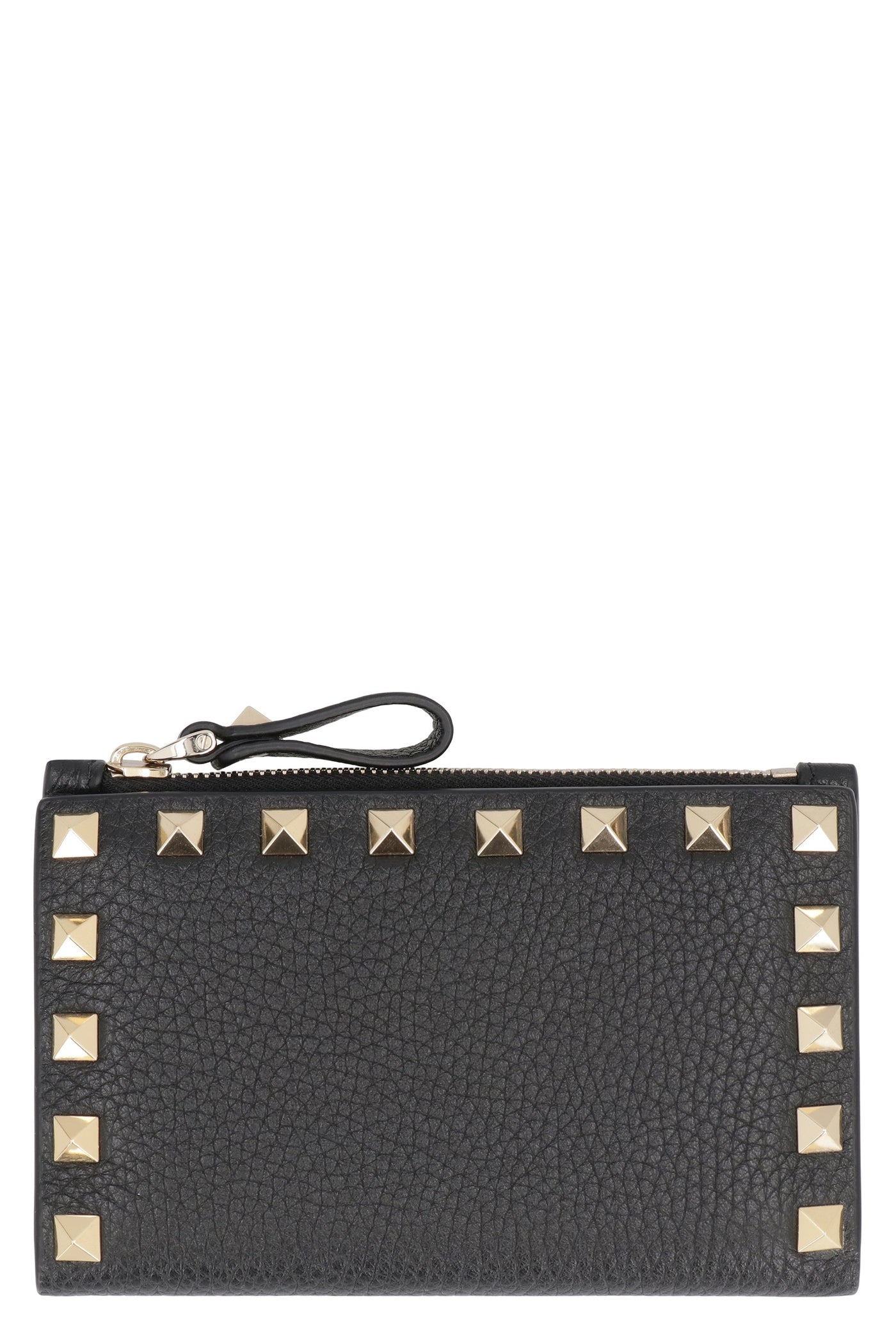 Valentino Garavani Pebbled Calfskin With Stud Trim Card Case — Black Calf Wallets & Purses