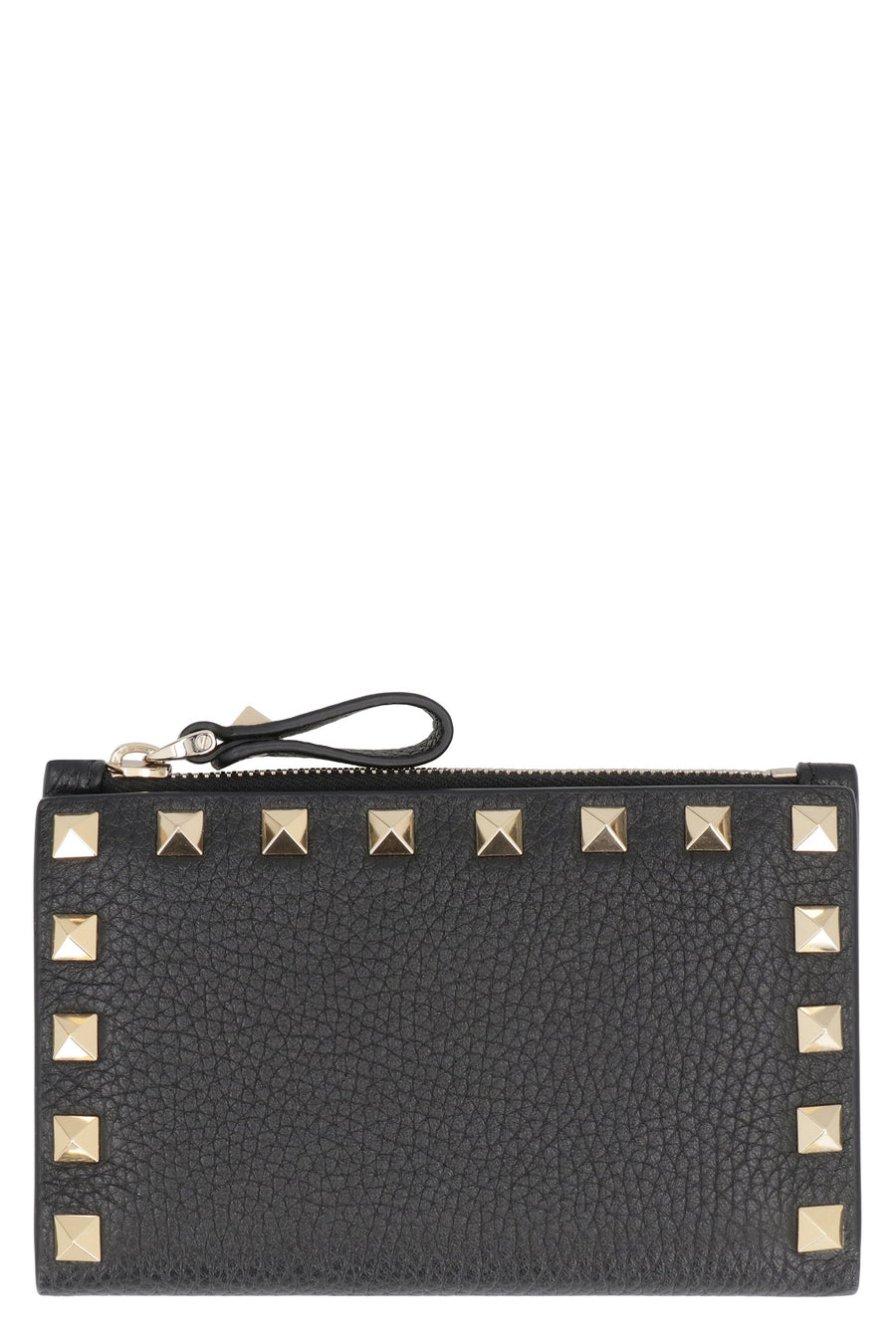 Valentino Garavani Pebbled Calfskin With Stud Trim Card Case — Black Calf Wallets & Purses