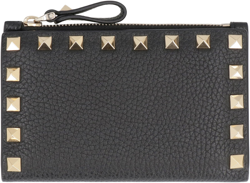 Valentino Garavani Pebbled Calfskin With Stud Trim Card Case — Black Calf Wallets & Purses
