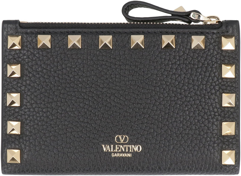 Valentino Garavani Pebbled Calfskin With Stud Trim Card Case — Black Calf Wallets & Purses