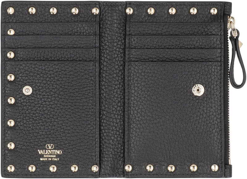 Valentino Garavani Pebbled Calfskin With Stud Trim Card Case — Black Calf Wallets & Purses