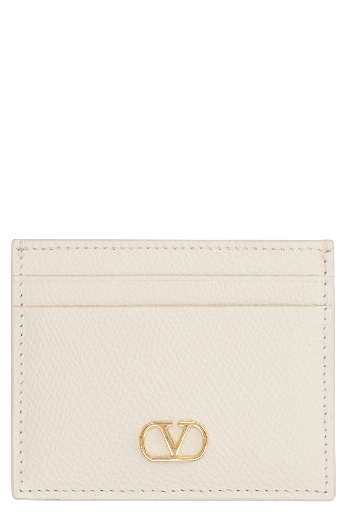 Valentino Garavani Pebbled Calfskin Vlogo Card Case — Beige Calf Wallets & Purses