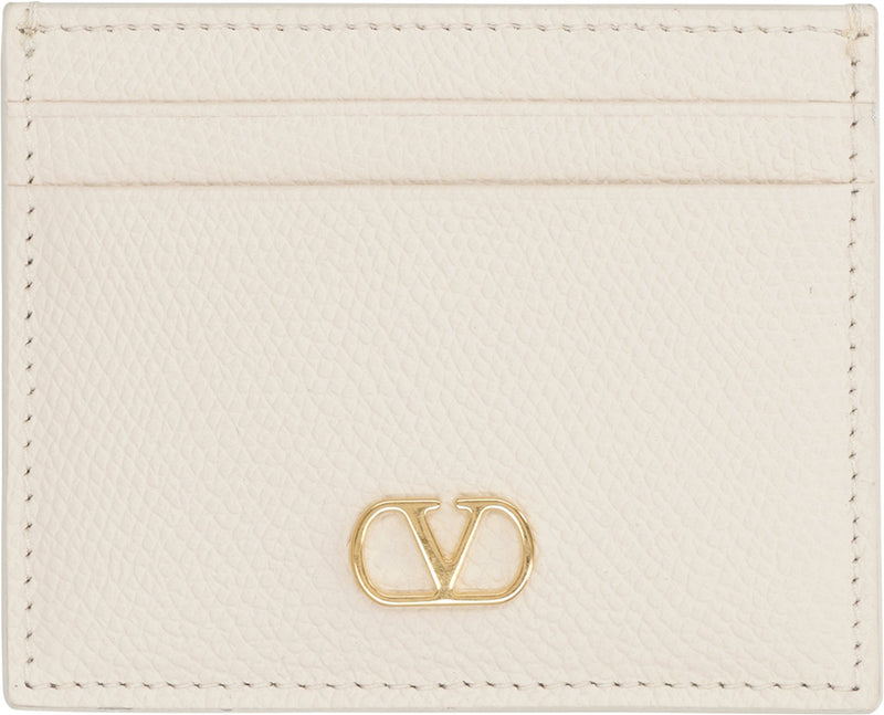 Valentino Garavani Pebbled Calfskin Vlogo Card Case — Beige Calf Wallets & Purses