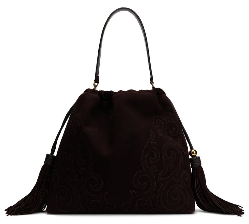 Etro Goat Leather With Decorative Tassels Shoulder Bag — Brown