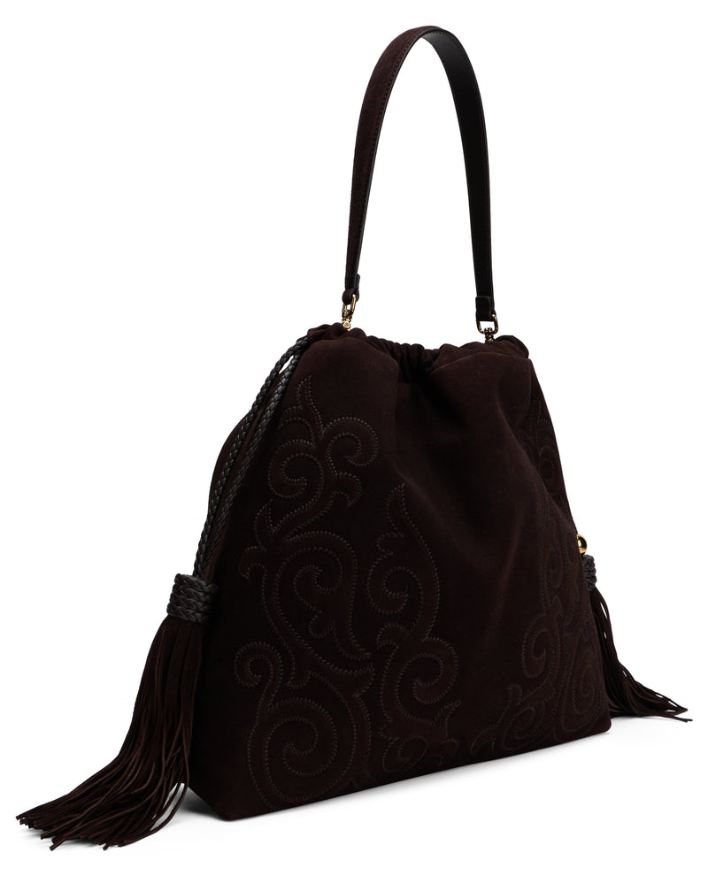 Etro Goat Leather With Decorative Tassels Shoulder Bag — Brown