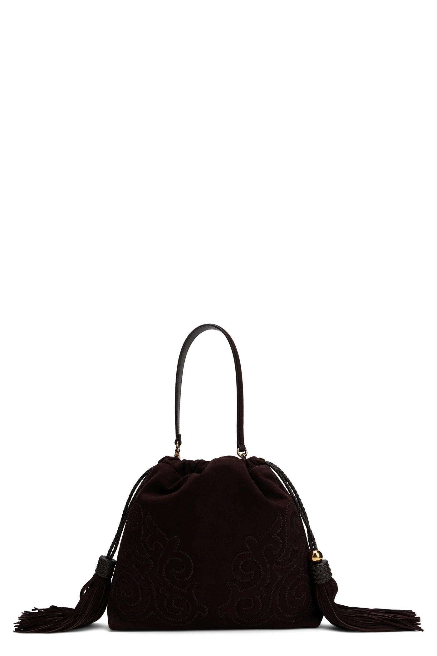 Etro Embroidered Leather With Tassels Shoulder Bag — Brown