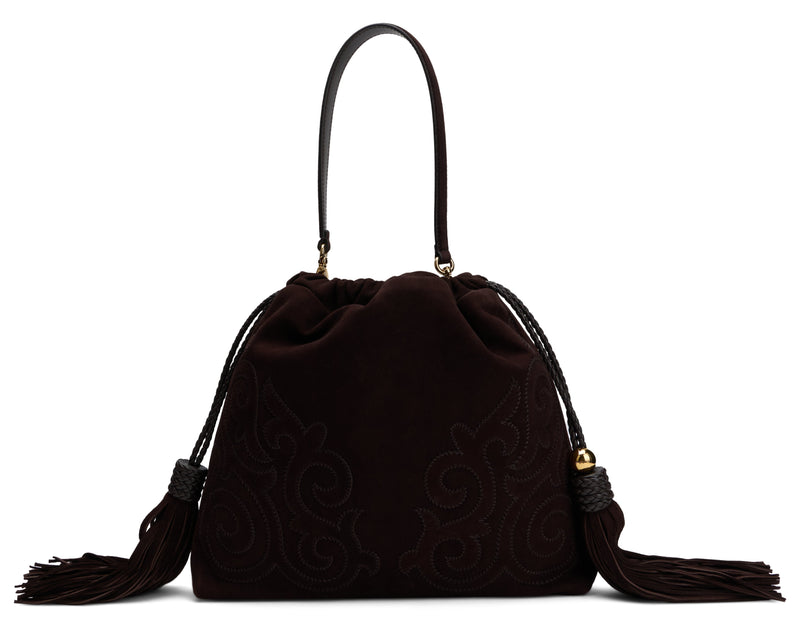 Etro Embroidered Leather With Tassels Shoulder Bag — Brown