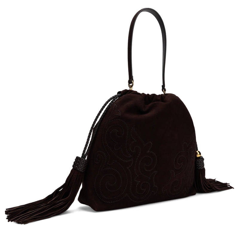 Etro Embroidered Leather With Tassels Shoulder Bag — Brown