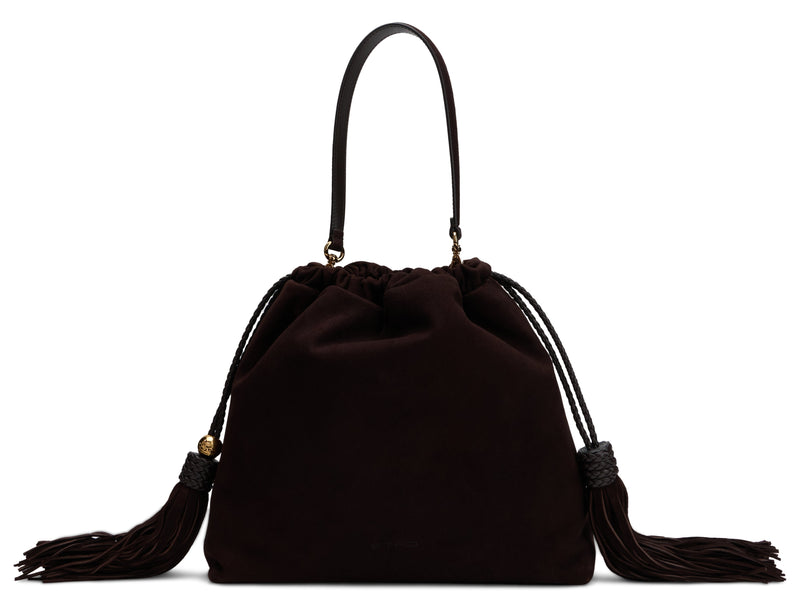 Etro Embroidered Leather With Tassels Shoulder Bag — Brown