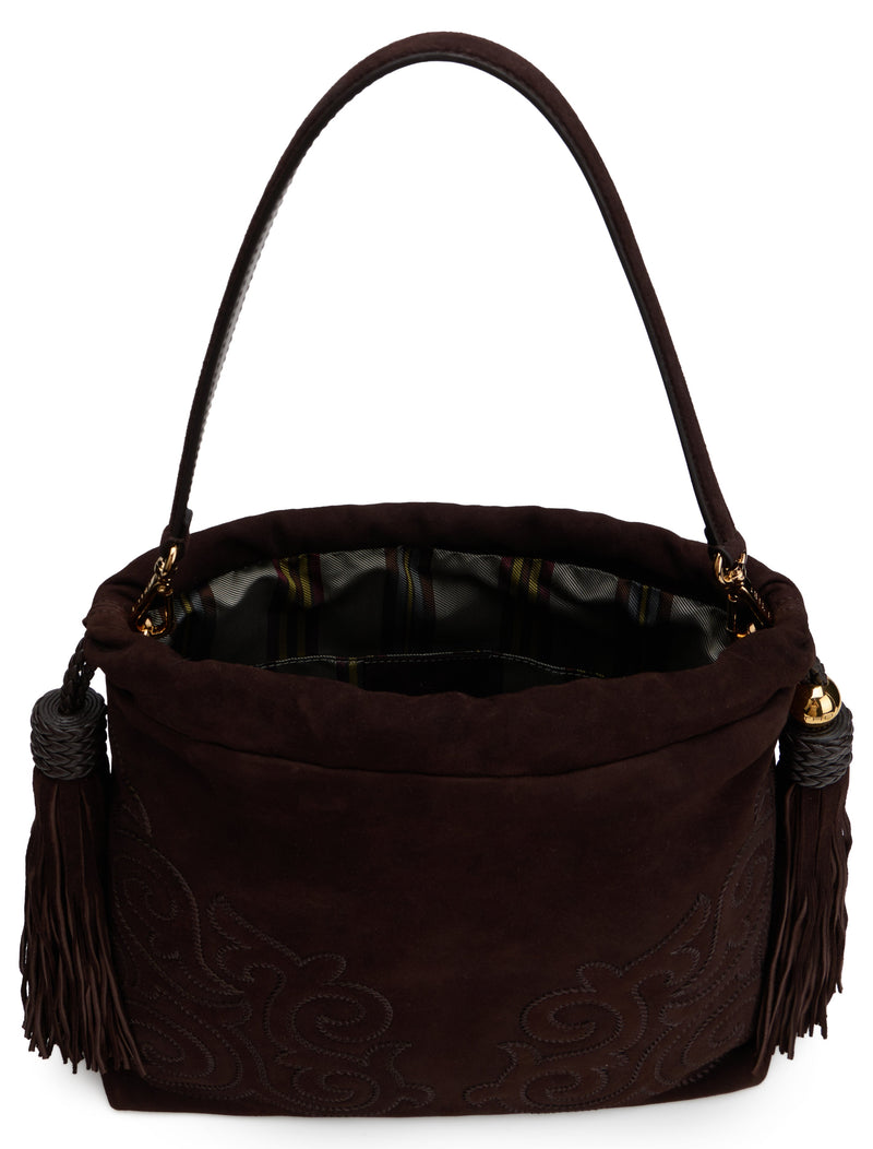 Etro Embroidered Leather With Tassels Shoulder Bag — Brown