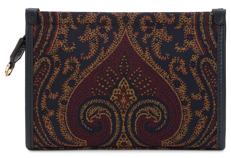 Etro Paisley-Embroidered Silk-Blend Clutch — Navy Polyester
