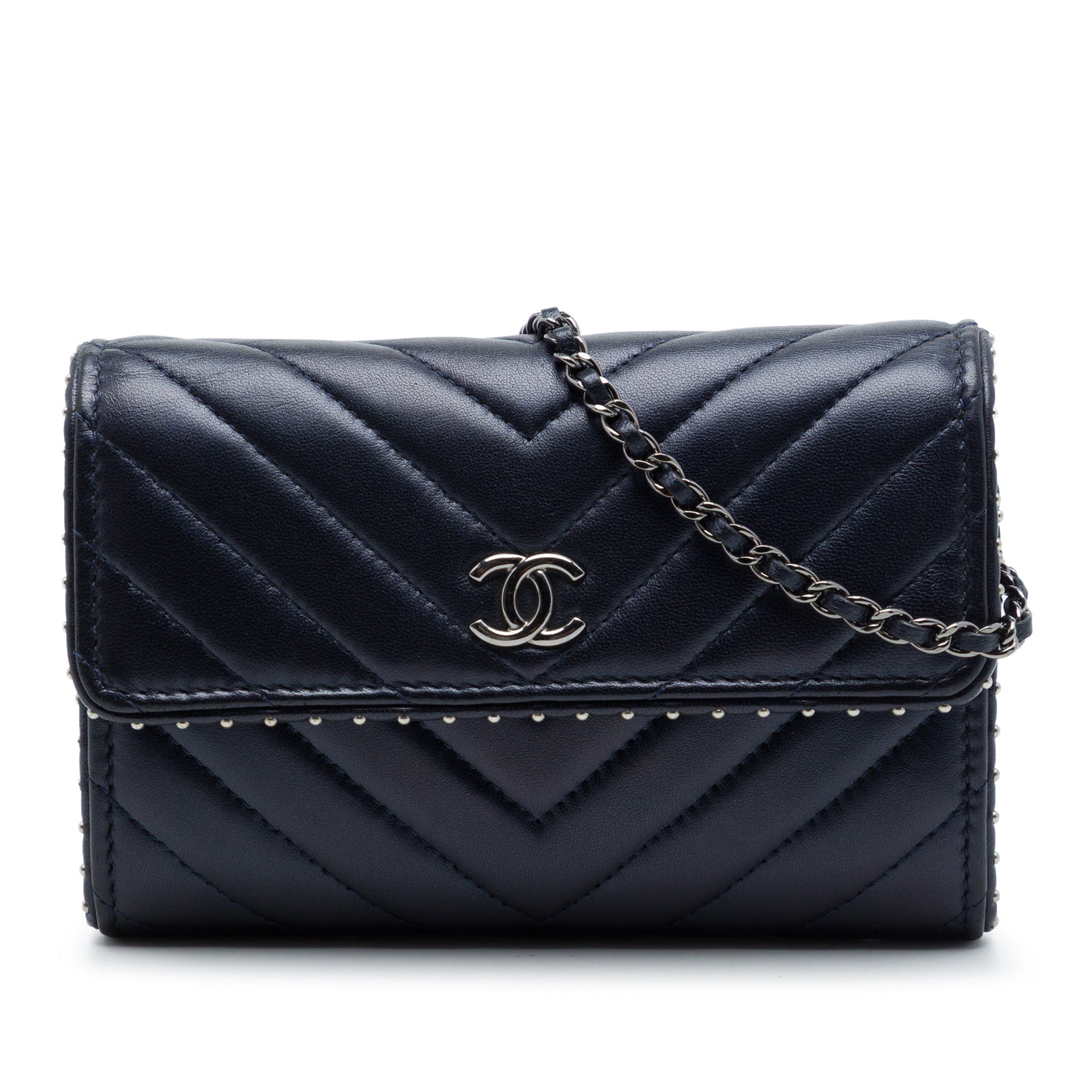 CC Chevron Lambskin Studded Wallet On Chain - Image 1