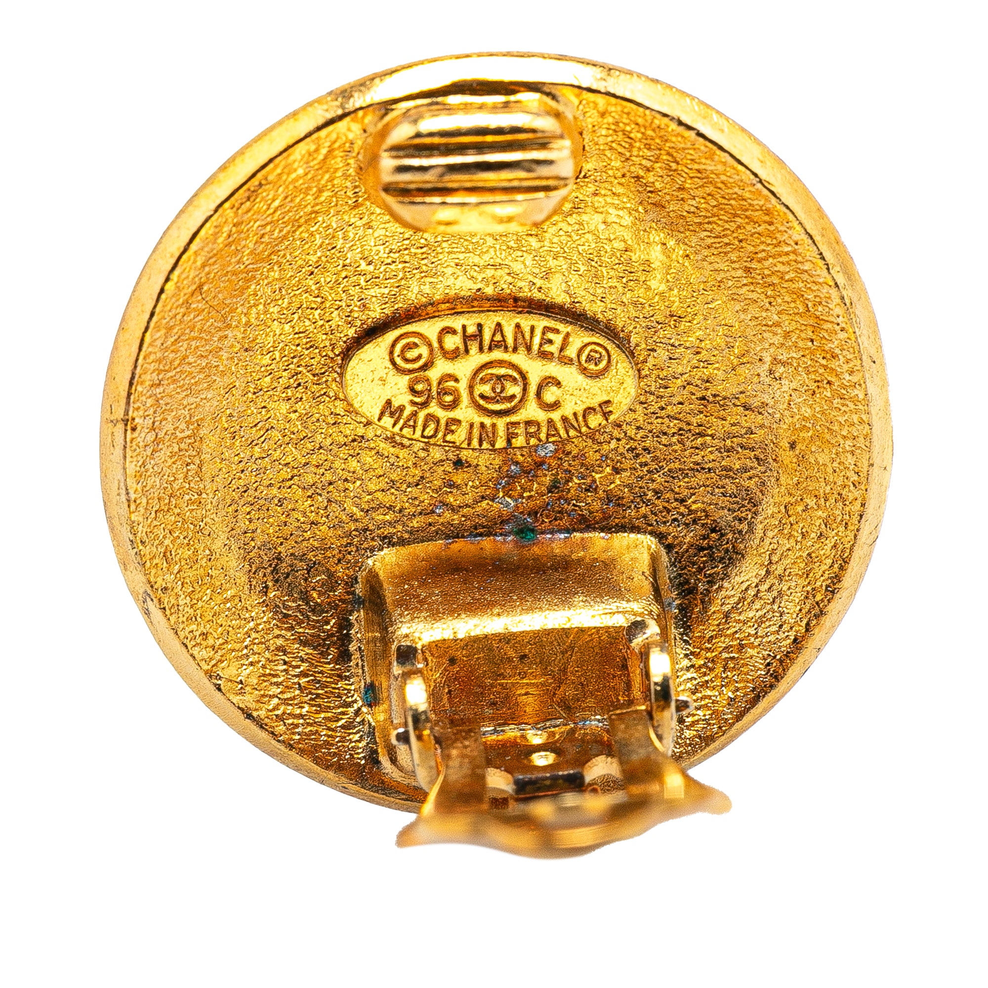 Gold Plated CC Round Clip on Earrings - Image 3