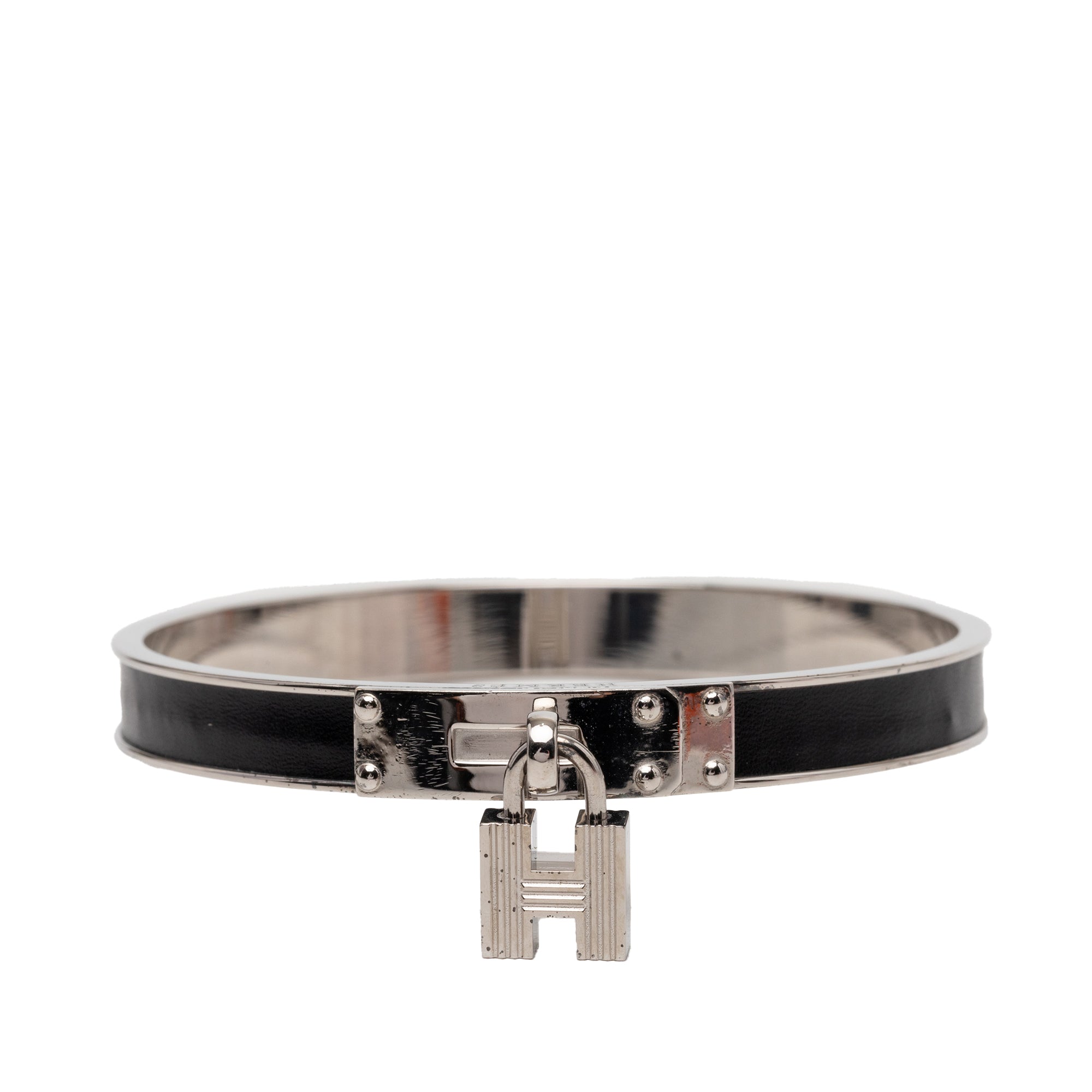 Palladium Plated Leather Kelly Cadena Lock Bangle Bracelet - Image 1