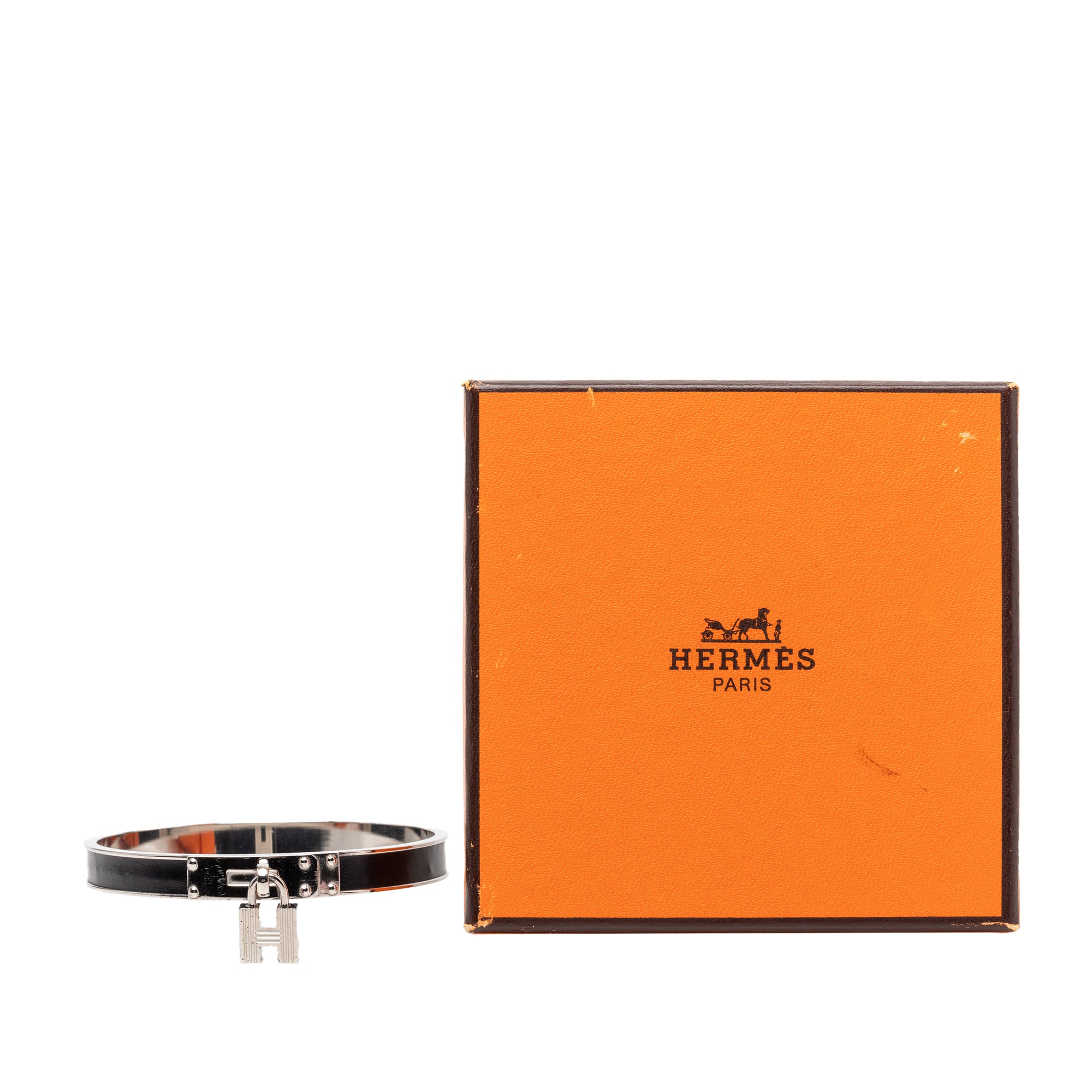 Palladium Plated Leather Kelly Cadena Lock Bangle Bracelet - Image 6