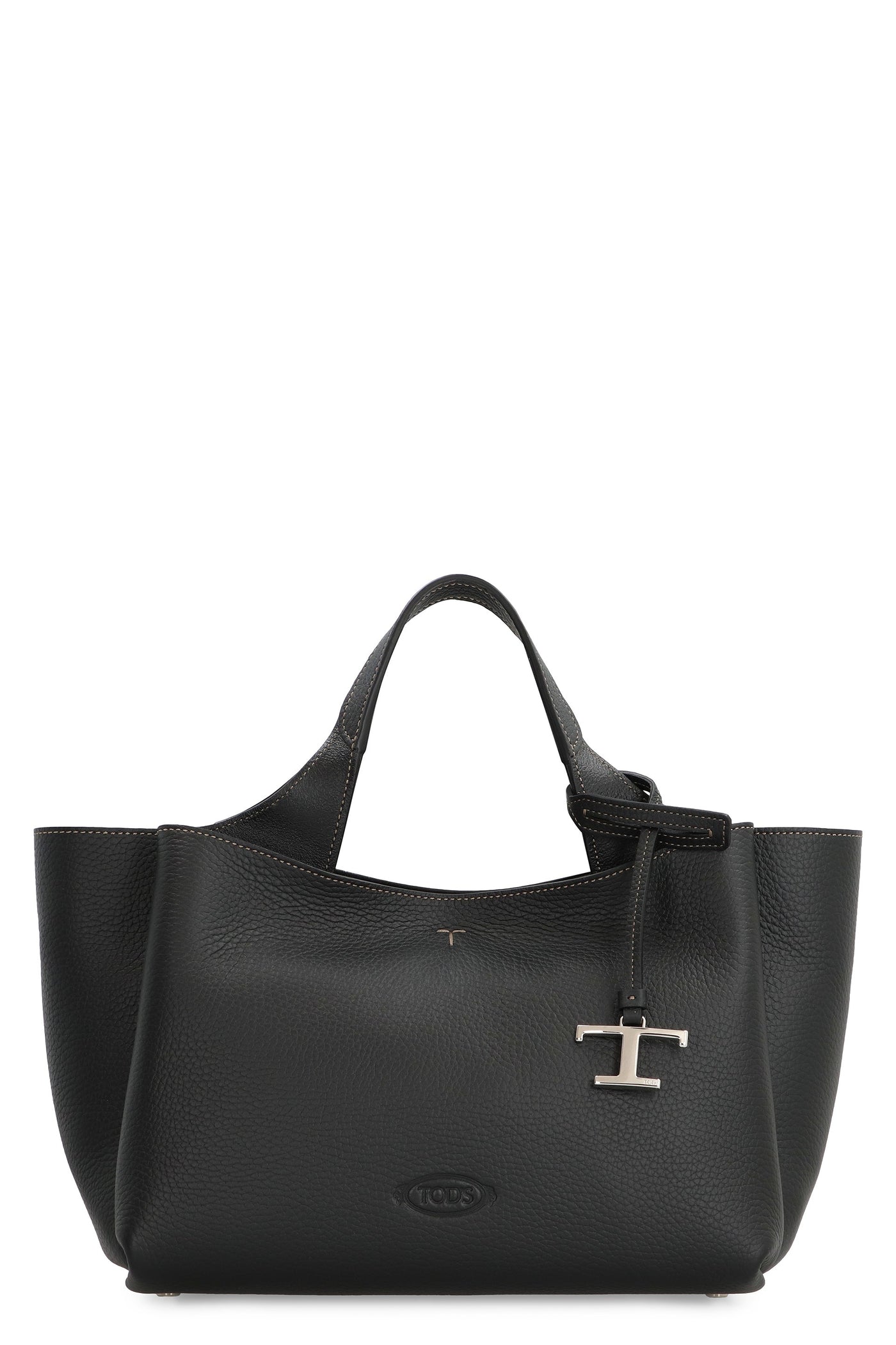 Tods Pebbled Calfskin Top Handle Bag — Black