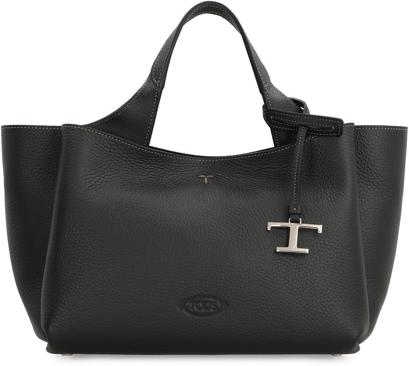 Tods Pebbled Calfskin Top Handle Bag — Black