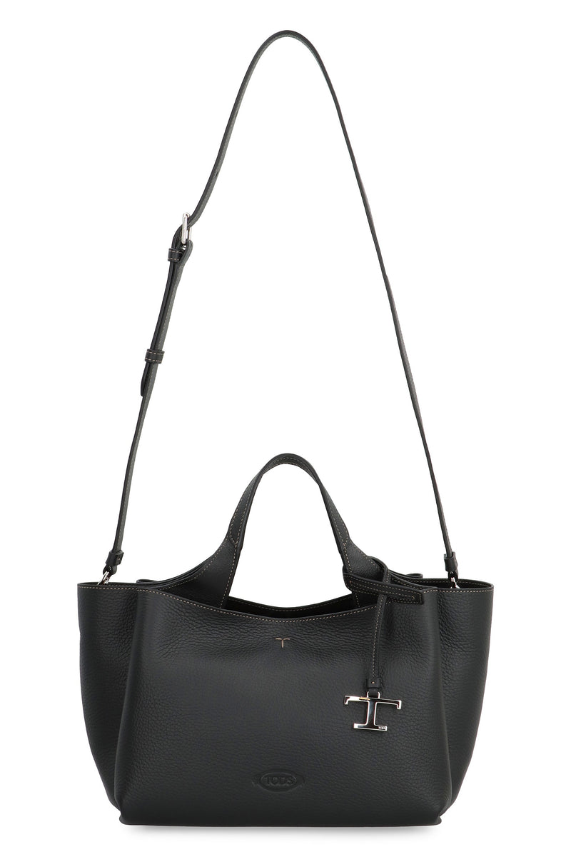 Tods Pebbled Calfskin Top Handle Bag — Black