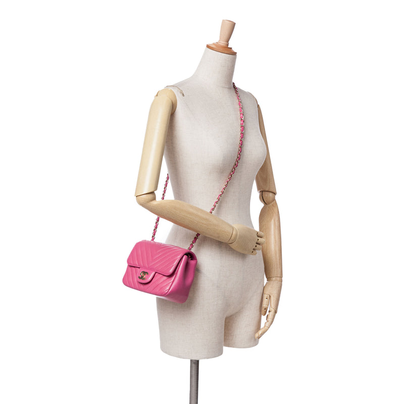 Mini Square Classic Chevron Lambskin Single Flap - Image 9