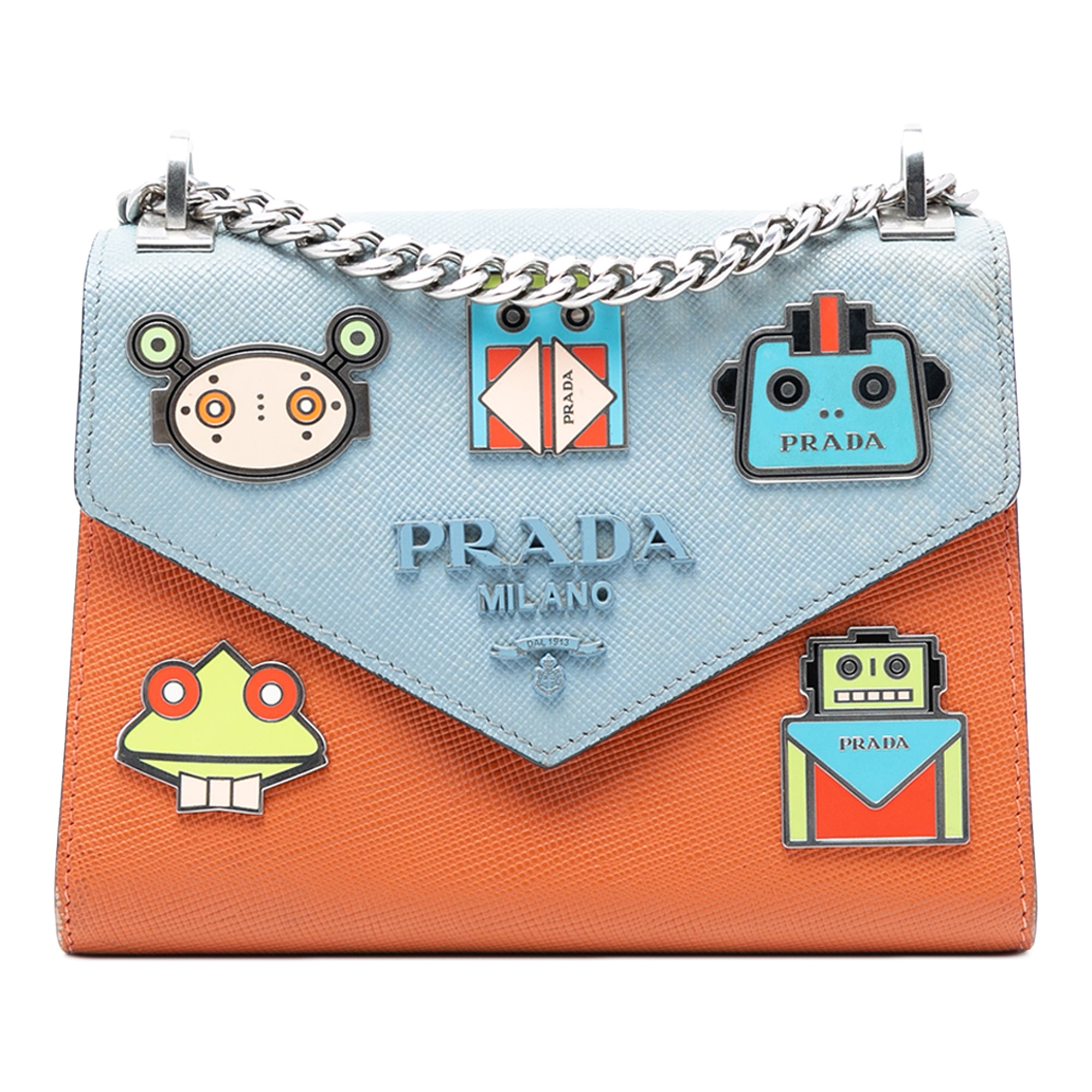 Bicolor Saffiano Cuir Monochrome Robot Patches Envelope Chain Flap - Image 1