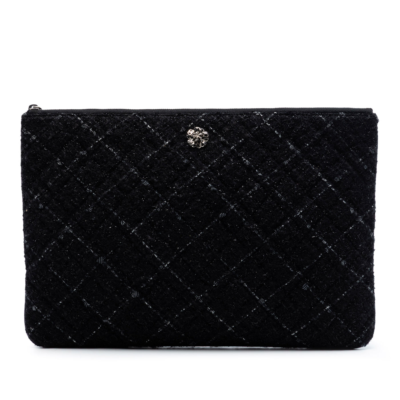 Large Quilted Tweed and Lambskin Camellia O Case Clutch - Image 1