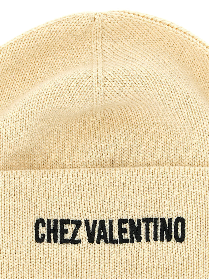 Valentino Garavani Embroidered Virgin Wool Beanie — Cream Beanies