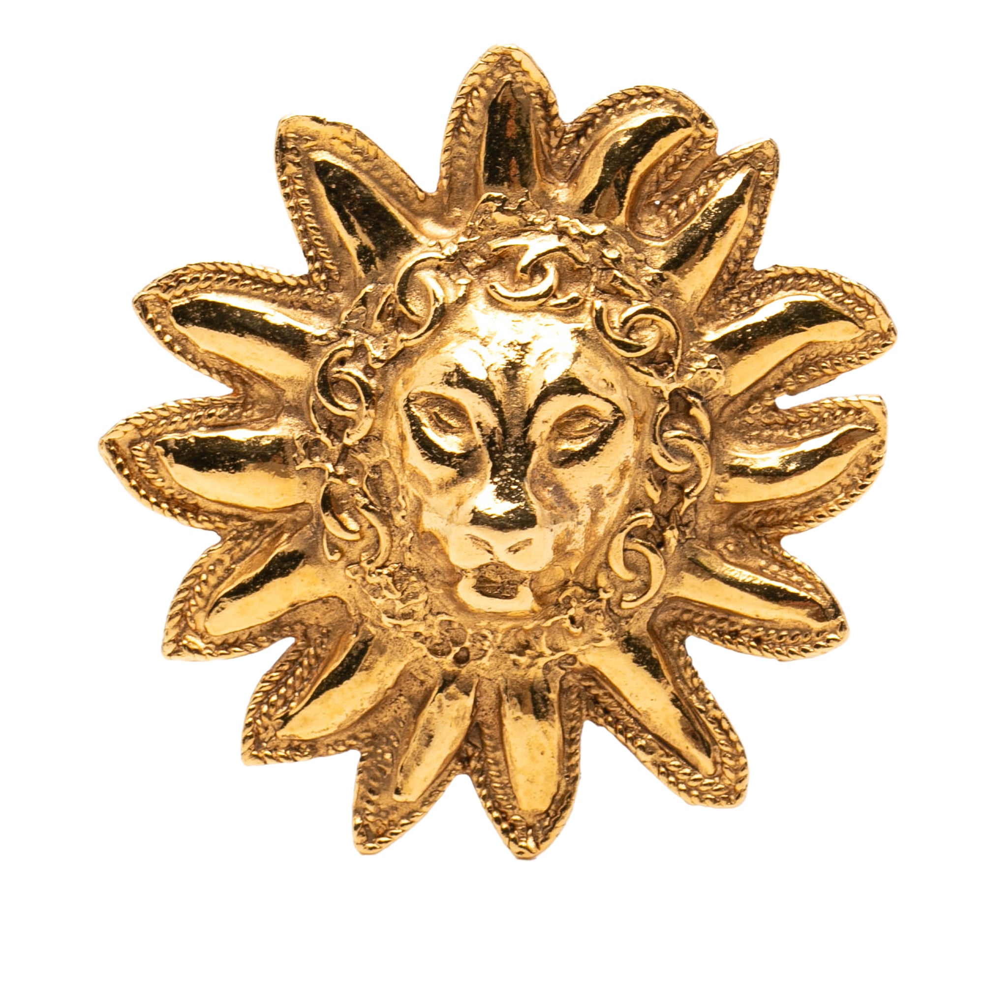 Gold Plated Lion Head Sun Brooch - Image 1