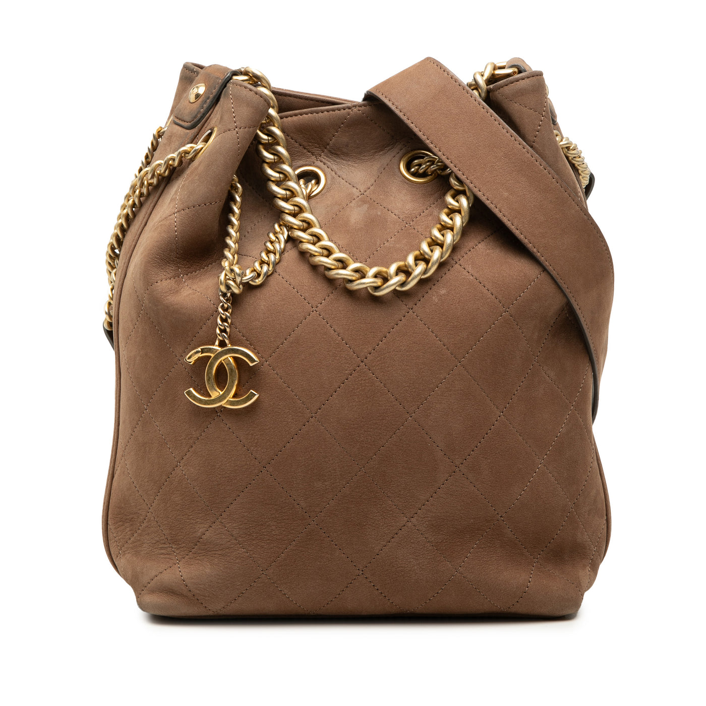 Small CC Quilted Suede On My Shoulder Drawstring Bucket Bag - Image 1
