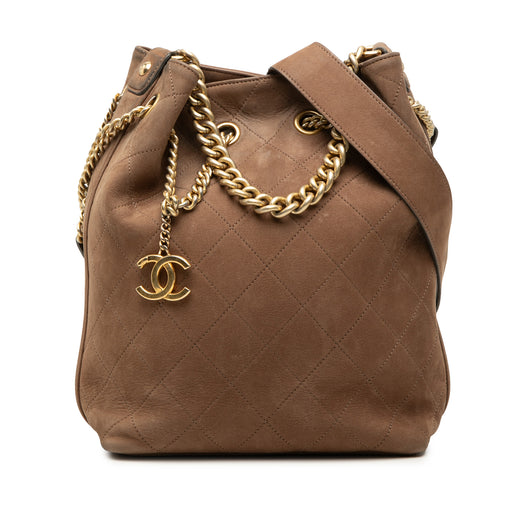 Small CC Quilted Suede On My Shoulder Drawstring Bucket Bag - Image 1
