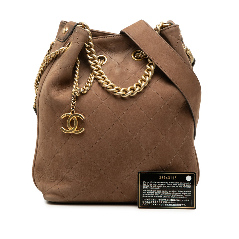 Small CC Quilted Suede On My Shoulder Drawstring Bucket Bag - Image 7