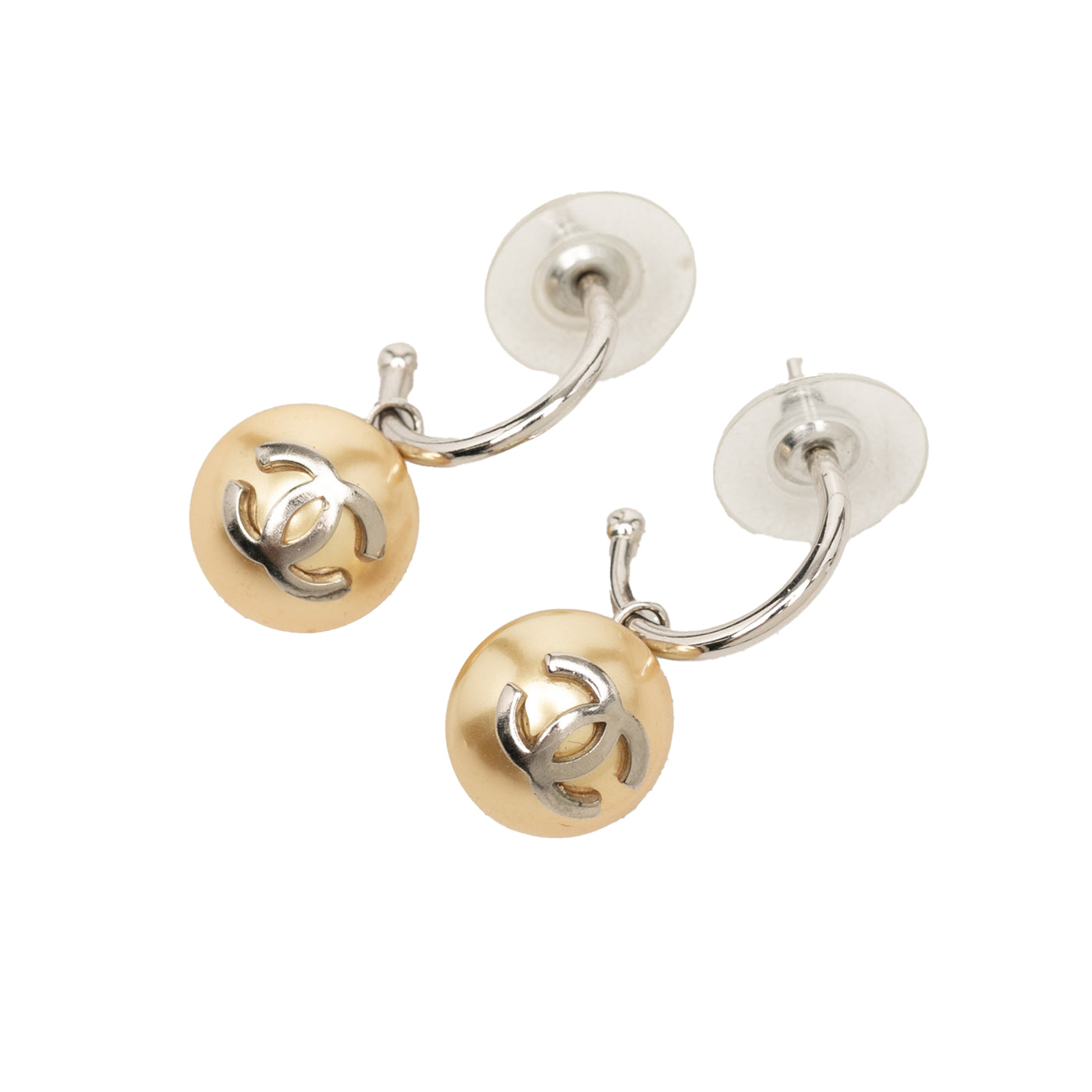 CC Brass Faux Pearl Hoop Bullet Back Earrings. - Image 1