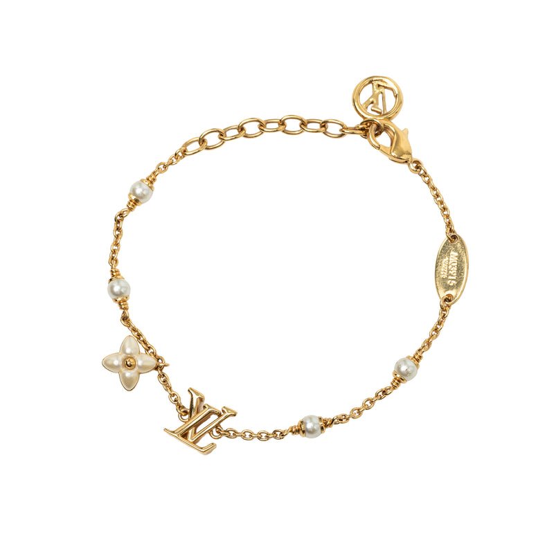 Gold Plated Faux Pearl LV Floragram Bracelet - Image 2