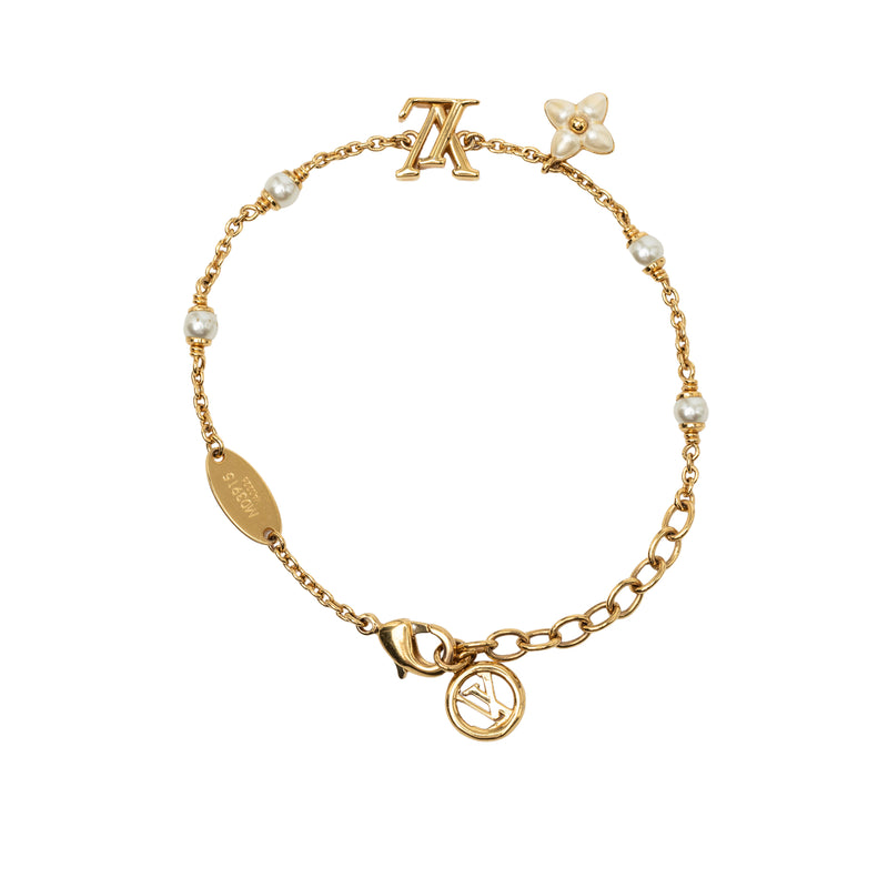 Gold Plated Faux Pearl LV Floragram Bracelet - Image 3