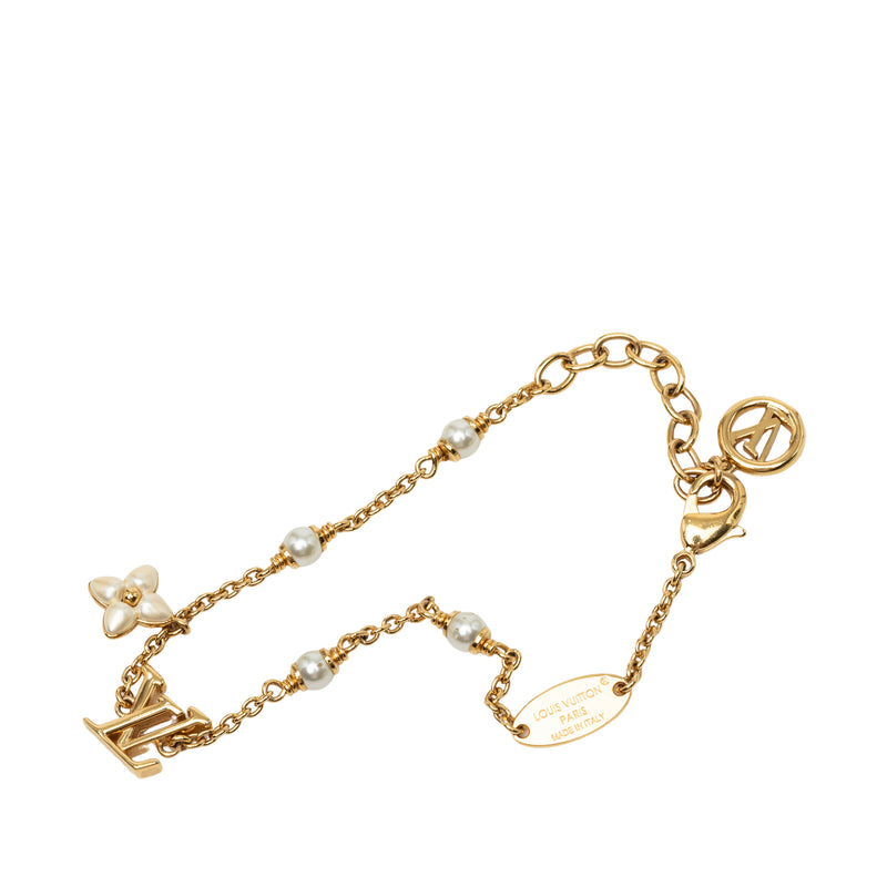 Gold Plated Faux Pearl LV Floragram Bracelet - Image 4