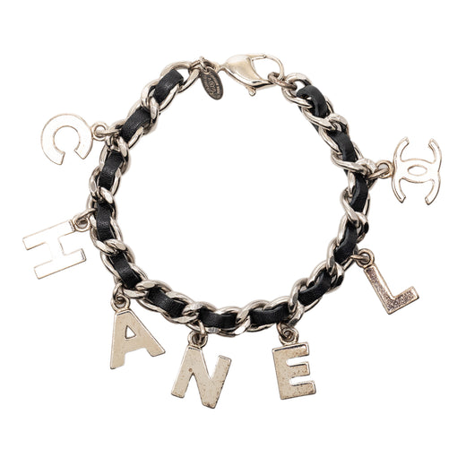Silver Plated and Leather Woven Logo Charm Bracelet - Image 1