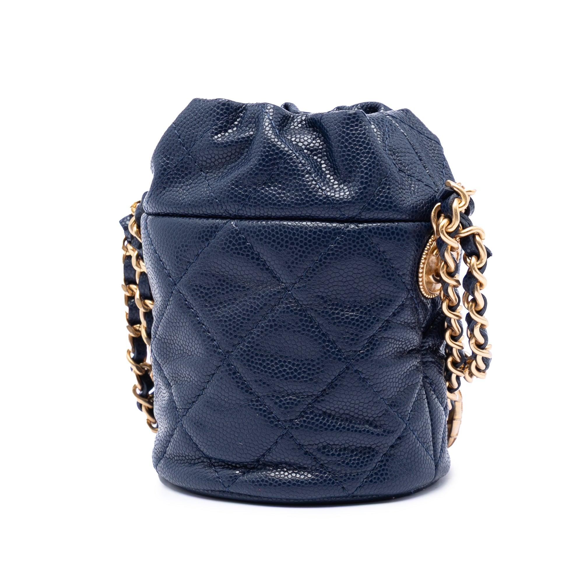 Mini Quilted Caviar Medallion Charms Drawstring Bucket Bag - Image 2