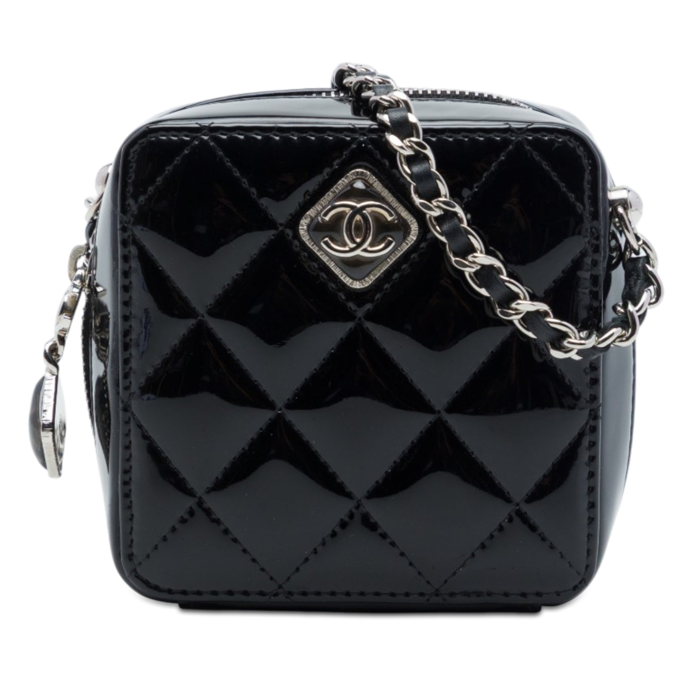 CC Quilted Patent Diamond Resin Clutch With Chain - Image 1