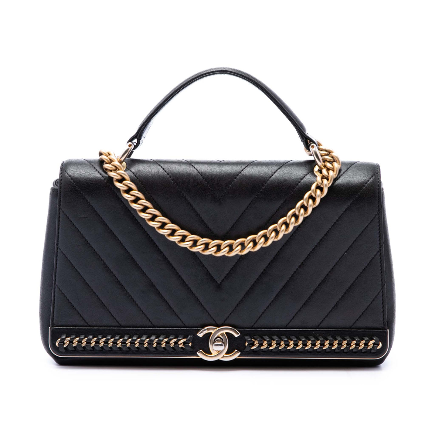 Chevron Sheepskin Stitched Chain Top Handle Flap - Image 1