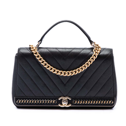 Chevron Sheepskin Stitched Chain Top Handle Flap - Image 1