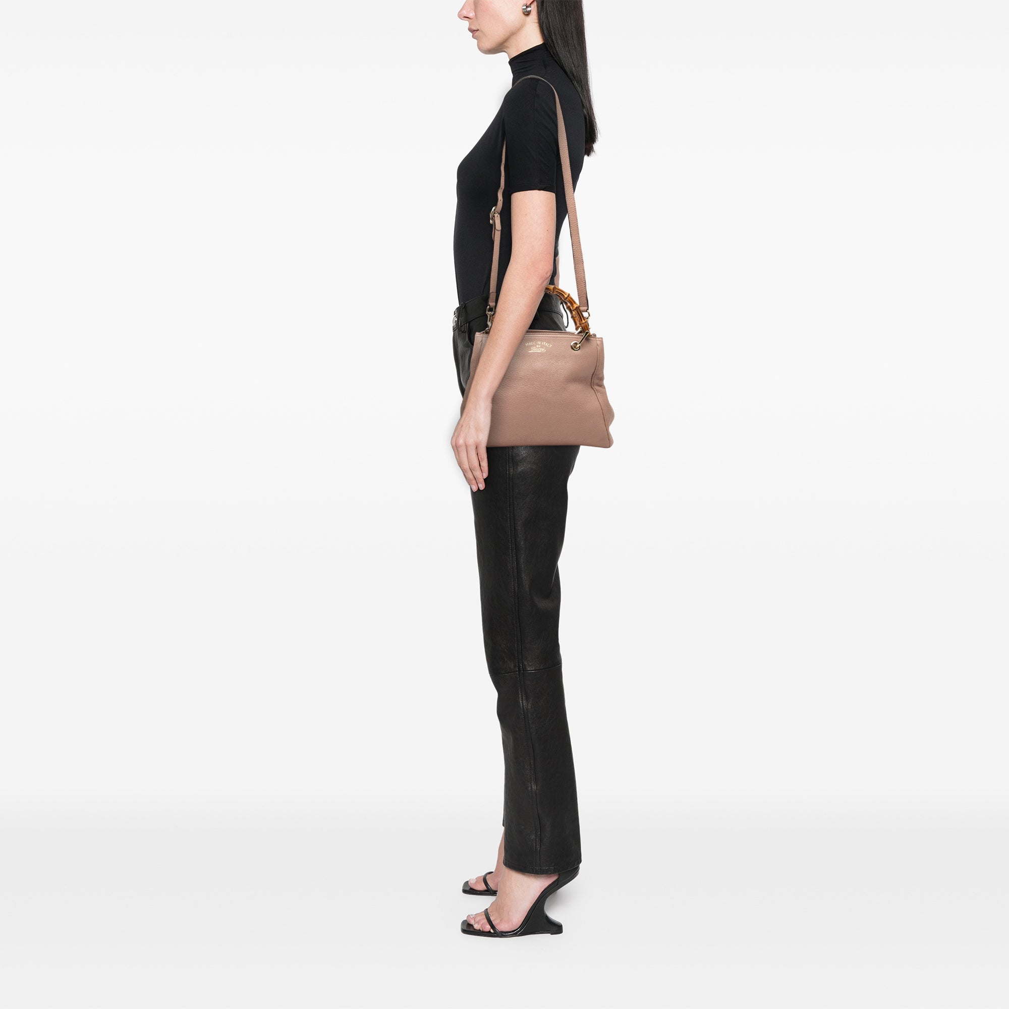 Small Calfskin Bamboo Shopper Satchel - Image 7