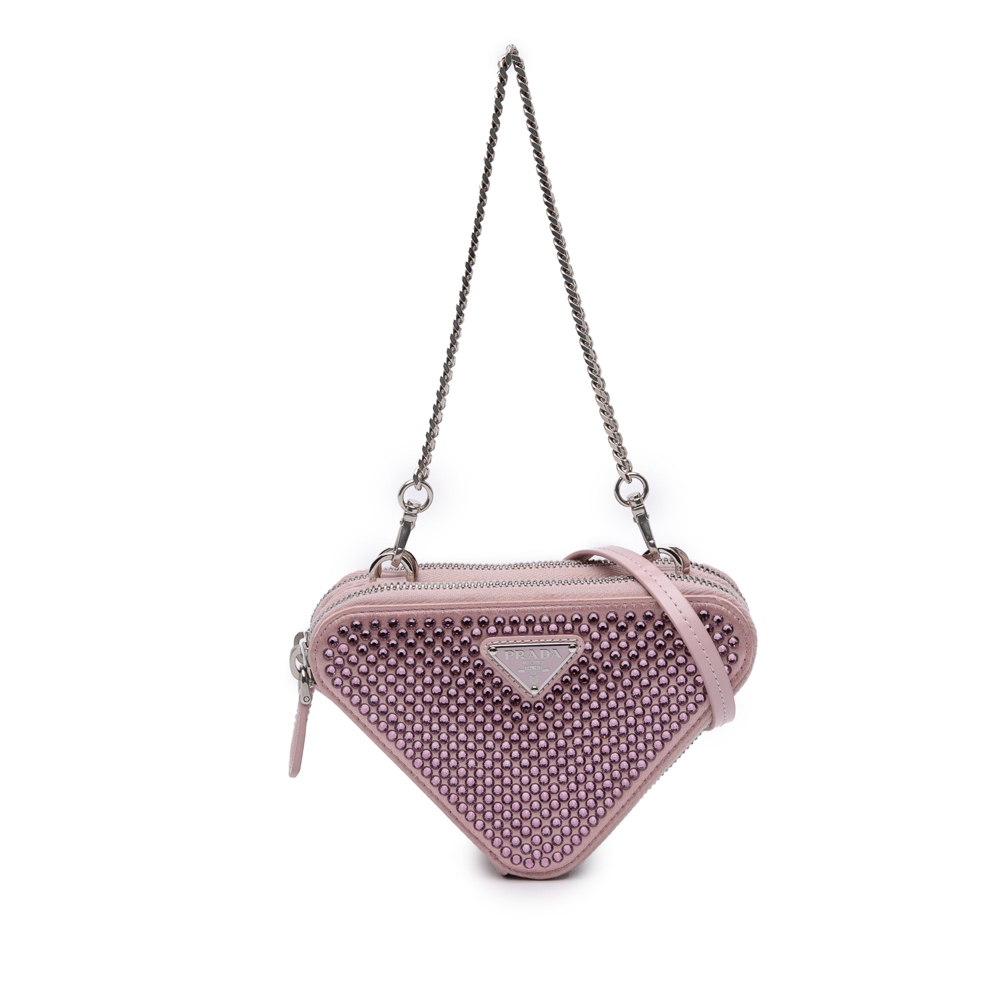 Mini Crystal Embellished Satin and Leather Triangle Pouch - Image 1