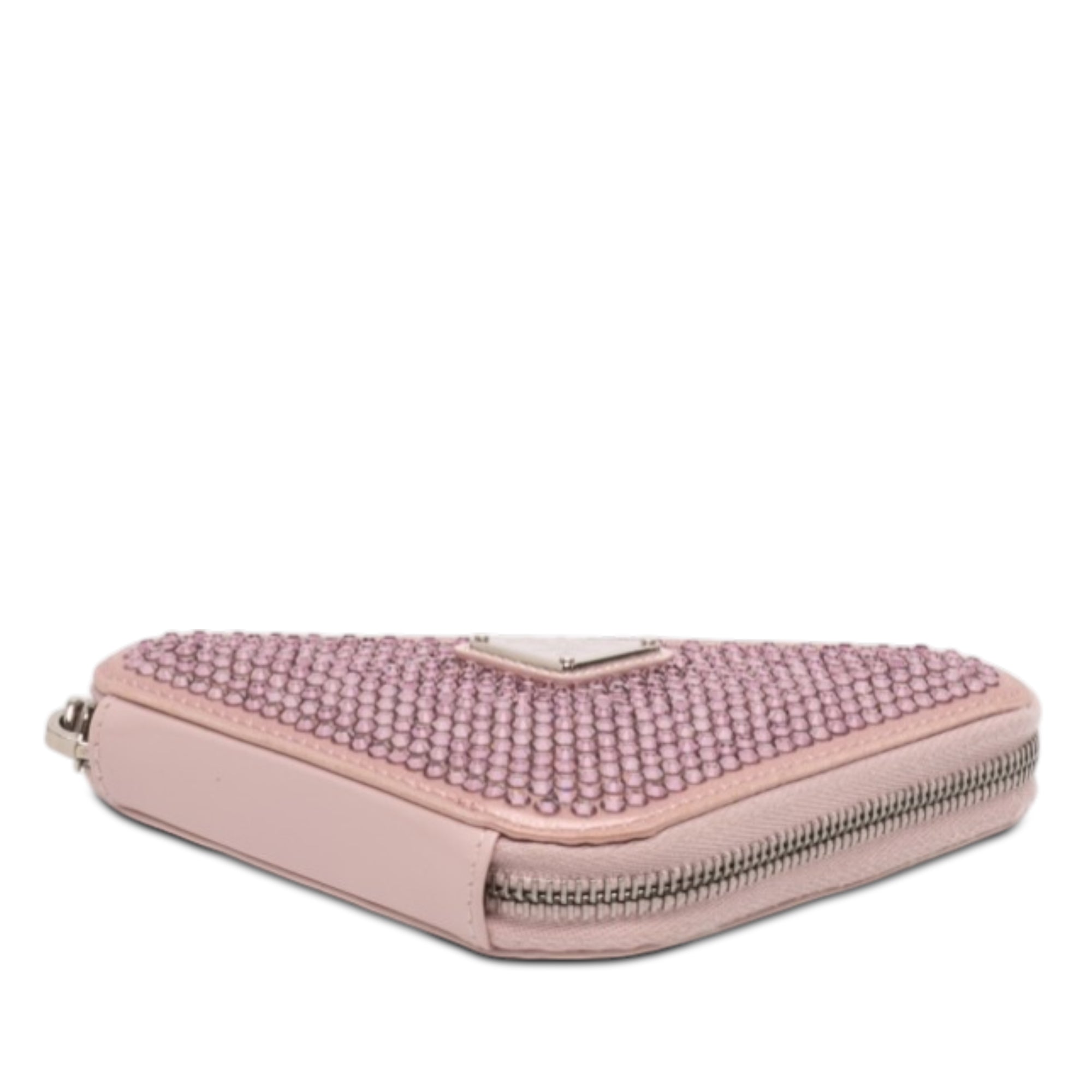 Mini Crystal Embellished Satin and Leather Triangle Pouch - Image 3
