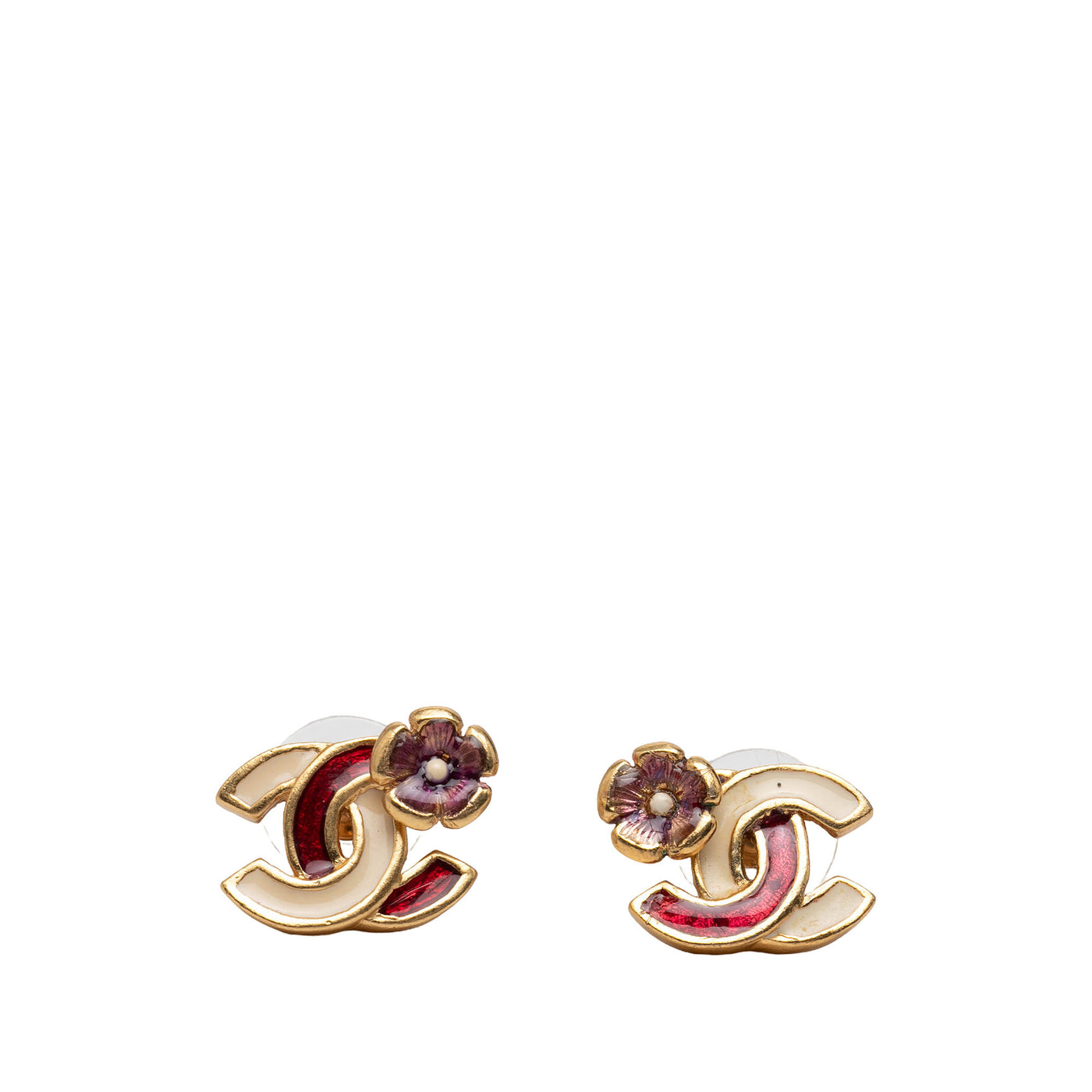 CC Gold Plated Bicolor Enamel Flower Bullet Back Earrings - Image 1
