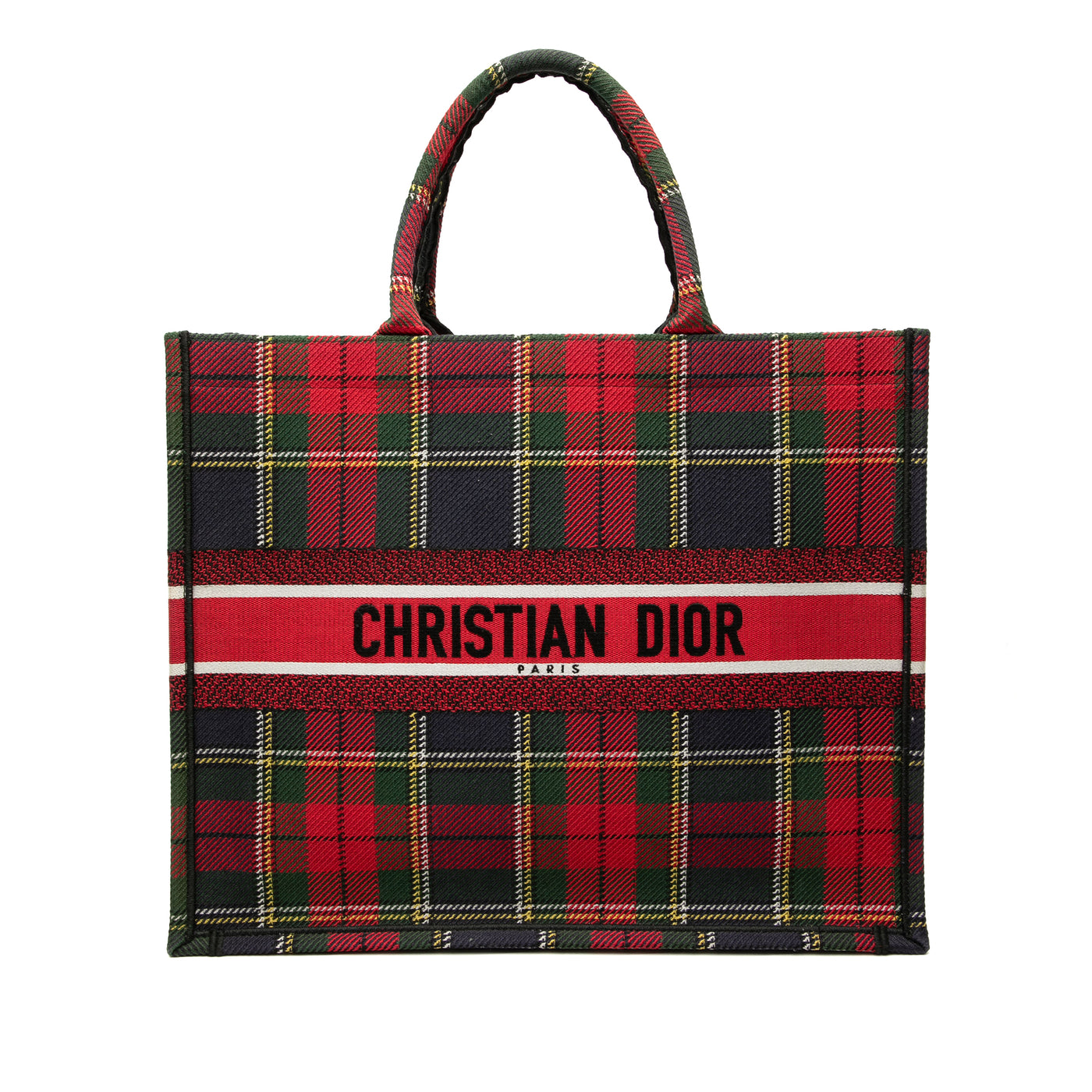 Large Embroidered Canvas Tartan Check Book Tote - Image 1